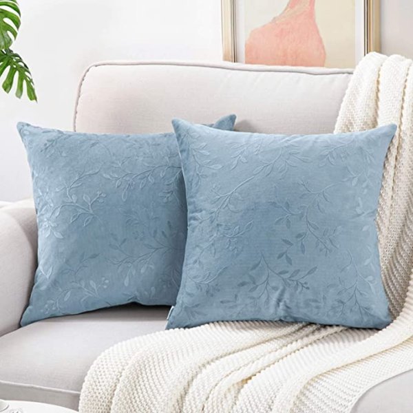 Topfinel Square Decorative Embossing Velvet Throw Pillow Covers for Couch Sofa Chair Embossed Branches and Leaves Texture Shape Cushion Cover 20 x 20 inches 50 x 50 cm, Set of 2, Blue