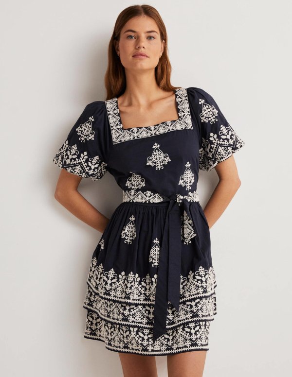 Square Neck Rara Dress - Navy, Ivory Embroidery | Boden US