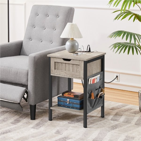 Set of 2 Modern Nightstand with Charging Station and Storage Bag,Gray