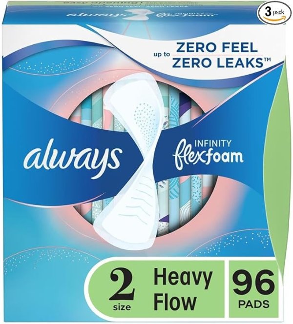Infinity Feminine Pads for Women, Size 2, 96 Count, Heavy Absorbency, Unscented (32 Count, Pack of 3-96 Count Total)