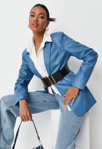 - Blue Faux Leather Fitted Blazer