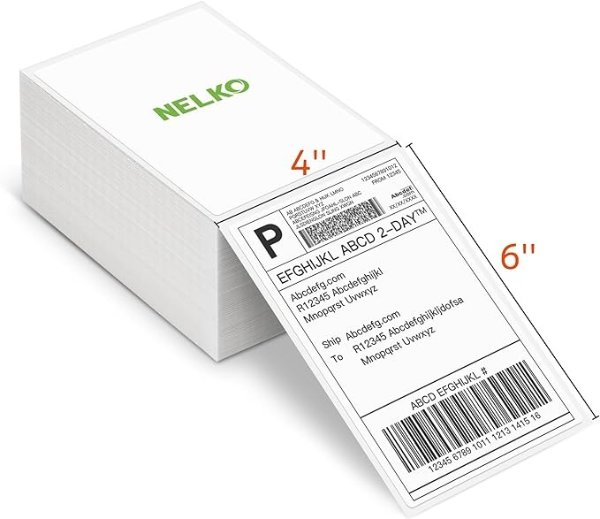 Nelko Genuine 4x6 Direct Thermal Shipping Label (Pack of 500 Fan-Fold Labels), Nelko 4x6 Thermal Labels for Nelko PL70E Shipping Label Printer, Perforated and Strong Adhesive, Commercial Grade