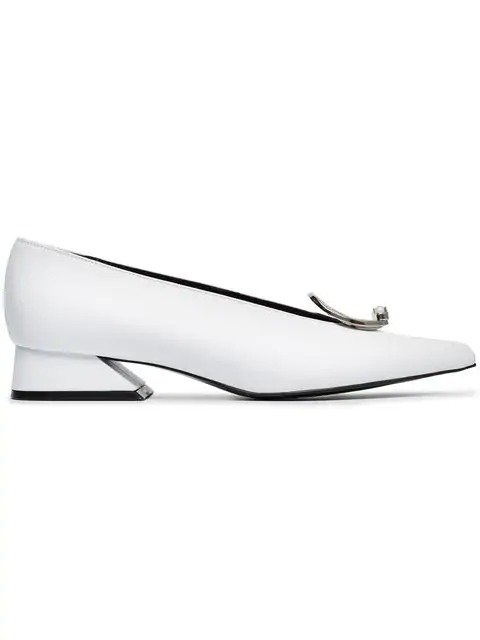 white 30 buckle leather pumps