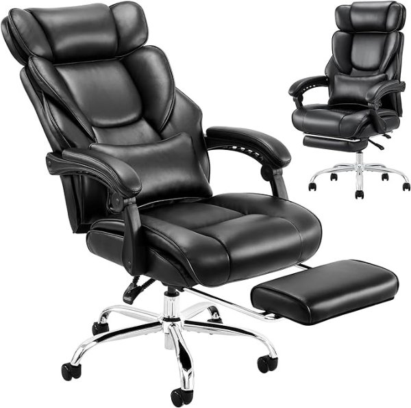 Office Chair with Footrest-Ergonomic Computer Chair with Extra Lumbar Support Pillow, High Back Executive Desk Chair Thick Bonded Leather, Large Home Office Work Chair with Wide Seat for Comfort-Black