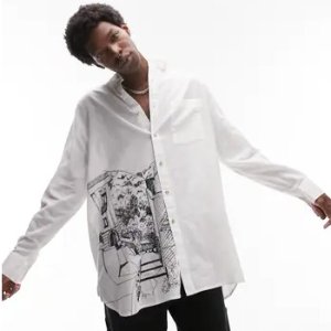 TopmanExtreme Oversize Embroidered Cotton & Linen Button-Up Shirt