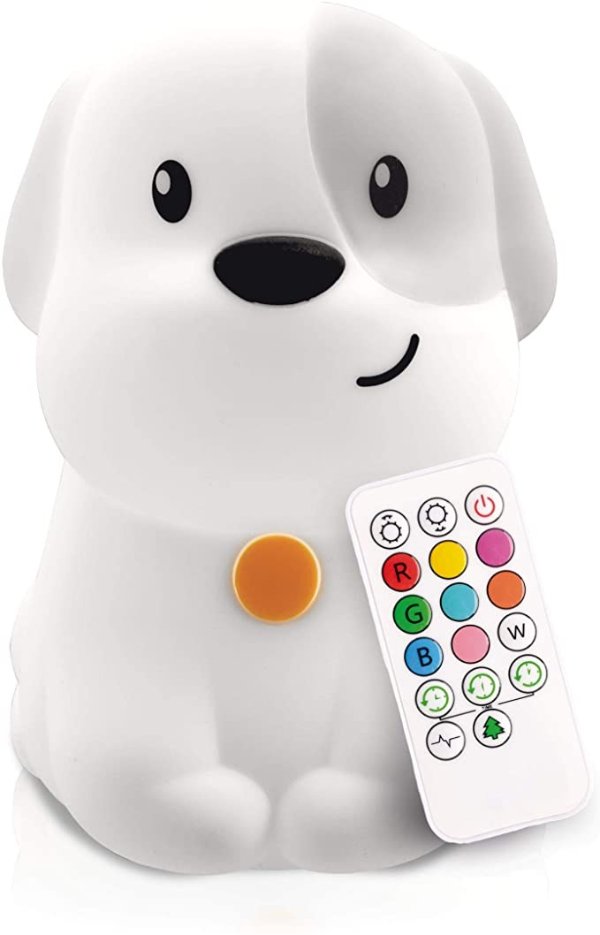 LumiPet Puppy Kids Night Light, Huggable Nursery Light for Baby and Toddler, Silicone LED Lamp, Remote Operated, USB Rechargeable Battery, 9 Available Colors, Timer Auto Shutoff