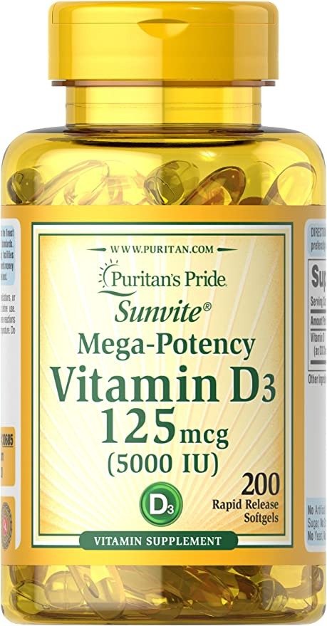 Vitamin D3 5,000 IU Bolsters Immunity by Puritan's Pride for Immune System Support and Healthy Bones and Teeth 200 Softgels, packaging may vary