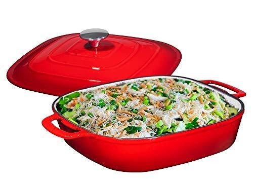 Enameled Cast Iron Casserole Square Braiser - Pan with Cover, 3.8-Quart, Fire Red