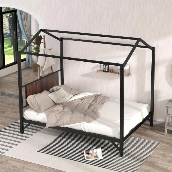 Queen Size Metal House Bed with Brown Board, Black