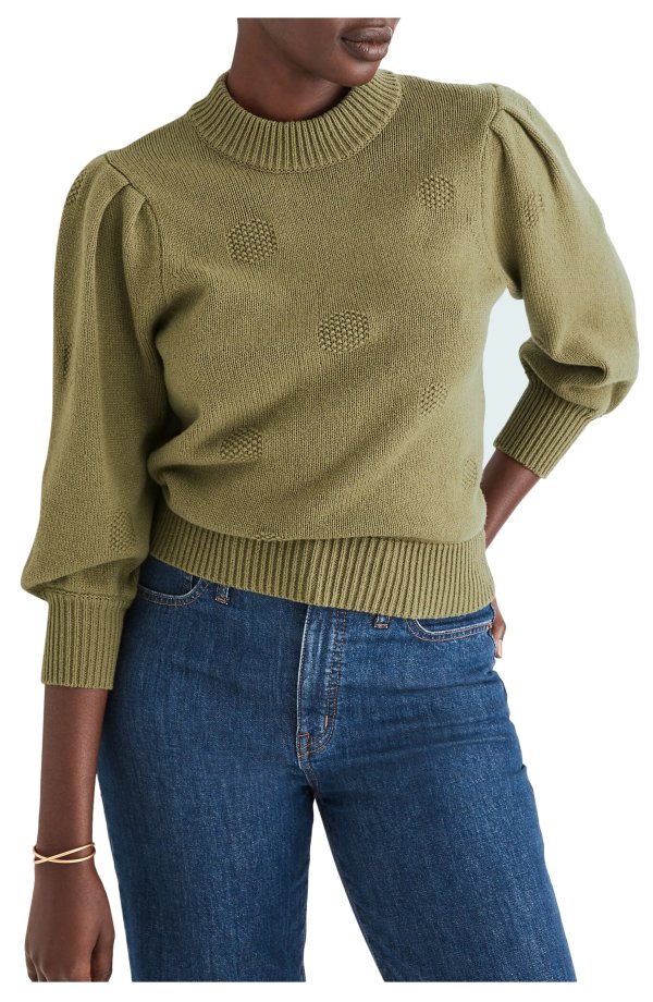 Eaton Dotted Puff Sleeve Cotton & Merino Yarn Pullover Sweater