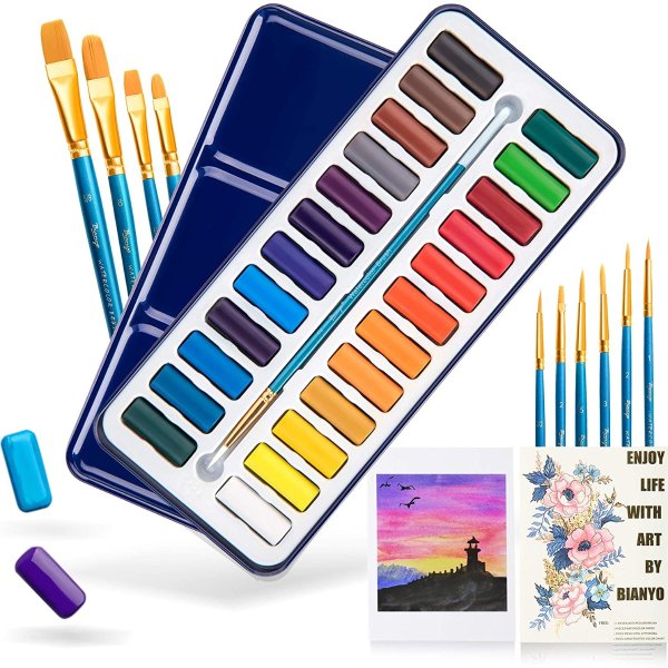24色水彩颜料套装 含10支画笔和8张水彩纸