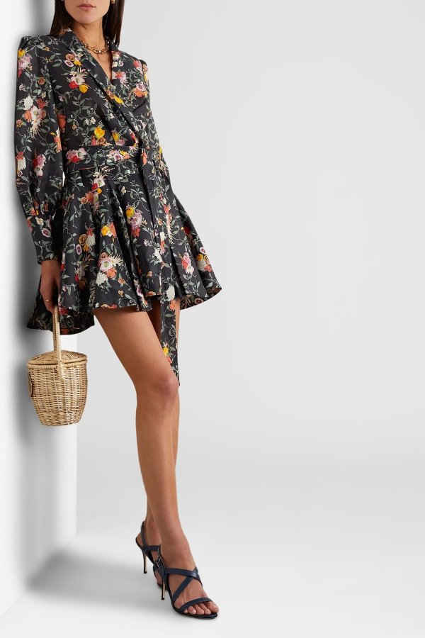 Floral-print linen mini wrap dress