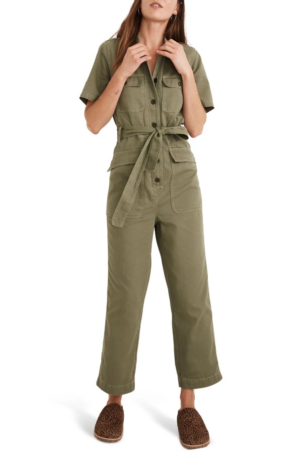 34 Tie Waist Military Coverall Jumpsuit