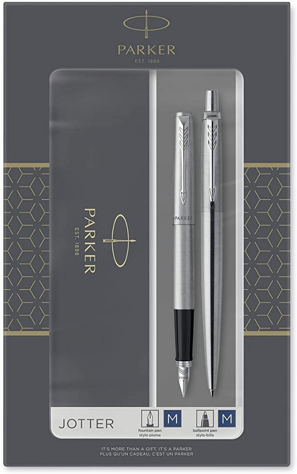 Jotter Duo Gift Set with Ballpoint Pen & Fountain Pen, Stainless Steel with Chrome Trim, Blue Ink Refill & Cartridges, Gift Box