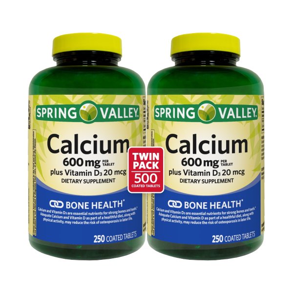 Calcium 600 mg plus Vitamin D3 20 mcg Coated Tablets, 2 x 250 Count, Twin Pack