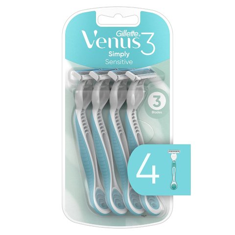 Gillette Venus Simply 3 Sensitive Women's Disposable Razors, Pack of 1 with 4 razors