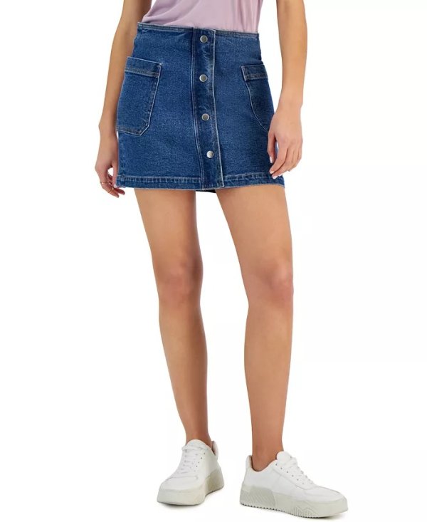 Juniors' Denim Faux-Button-Front Mini Skirt