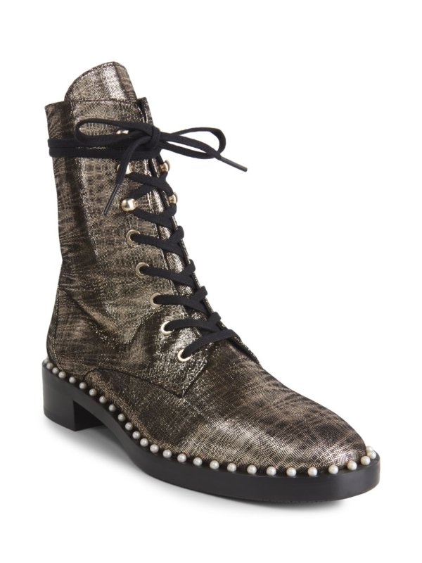 - Sondra Faux Pearl-Embellished Metallic Leather Combat Boots