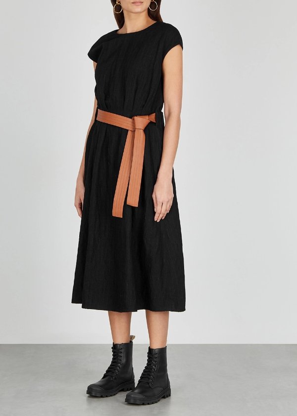 Black belted wool-blend midi dress