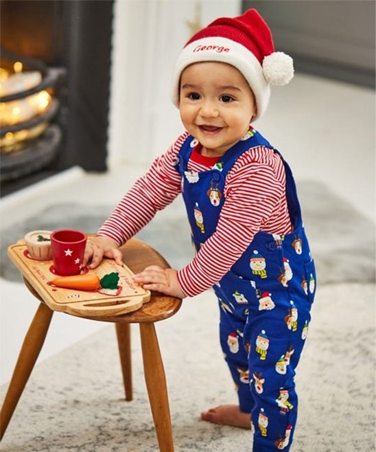 Cobalt Christmas-Print Overalls & Red Pinstripe Long-Sleeve Top - Newborn & Infant