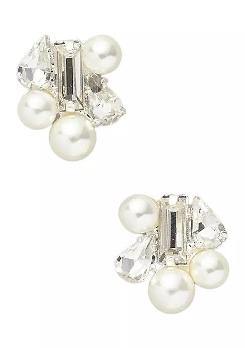 Silver Tone Pearl and Crystal Cluster Stud Earrings
