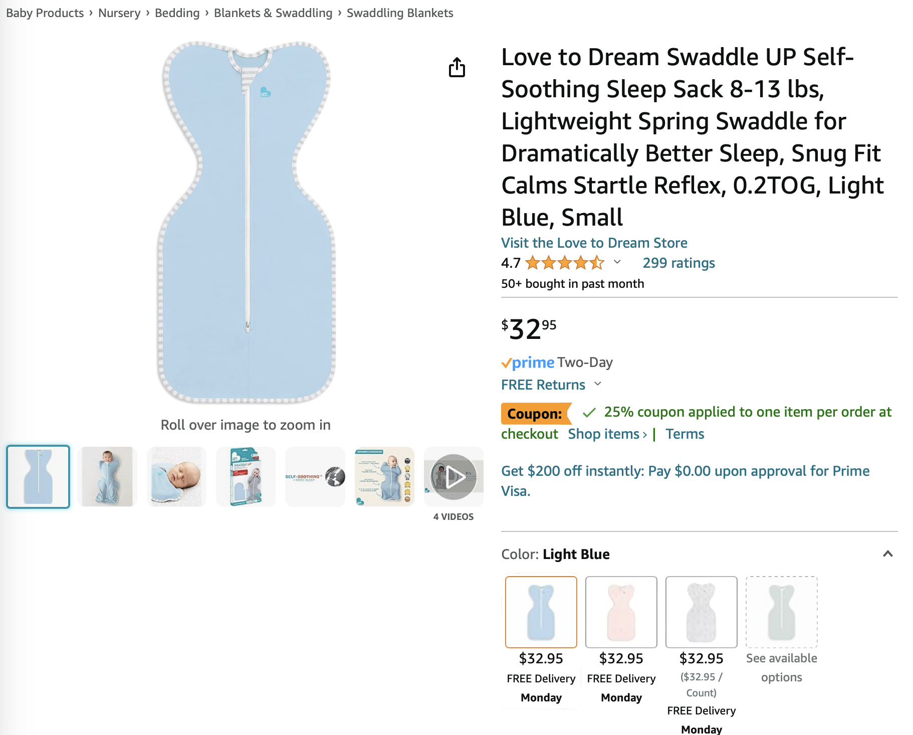 Amazon.com: Love to Dream Swaddle UP Self-Soothing Sleep Sack Lightweight Spring Swaddle 0.2TOG 宝宝睡袋促销 后悔没早点用，睡渣宝宝变睡神 7.5折 多种颜色款式