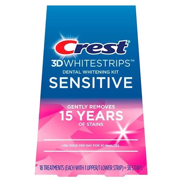 3D Whitestrips Sensitive At-home Teeth Whitening Kit, 18 Treatments, Gently Removes 15 Years of Stains
