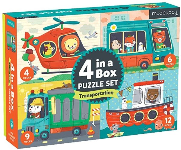 Transportation 4-in-a-Box Puzzles, Ages 2-5, Each Measures 6 x 8 - Chunky Puzzles with 4, 6, 9 and 12 Pieces - Difficulty Level Grows with Child