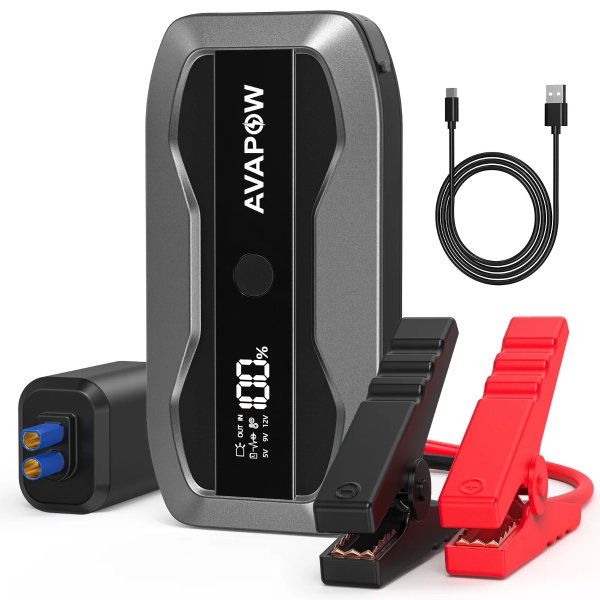 AVAPOW 2000A Car Jump Starter Powerful Car Jump Starter with USB Quick Charge and DC Output, 12V Peak Portable with Built-in LED Bright Light