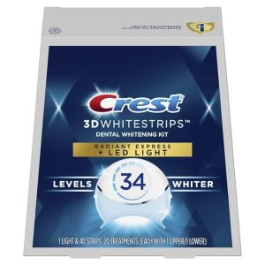 Crest3DWhitestrips Radiant Express + LED Light at-Home Teeth Whitening Kit, 20 Treatments, 34 Levels Whiter