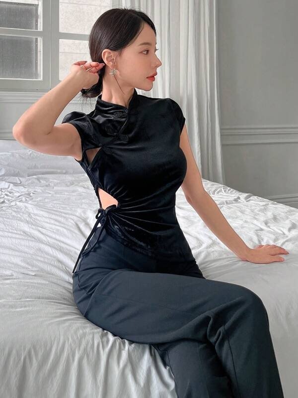 Neu New Chinese Style Velvet Cutout Drawstring Qipao Collar Women'S T-Shirt