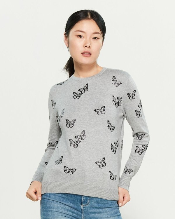 Grey & Black Butterfly Long Sleeve Sweater
