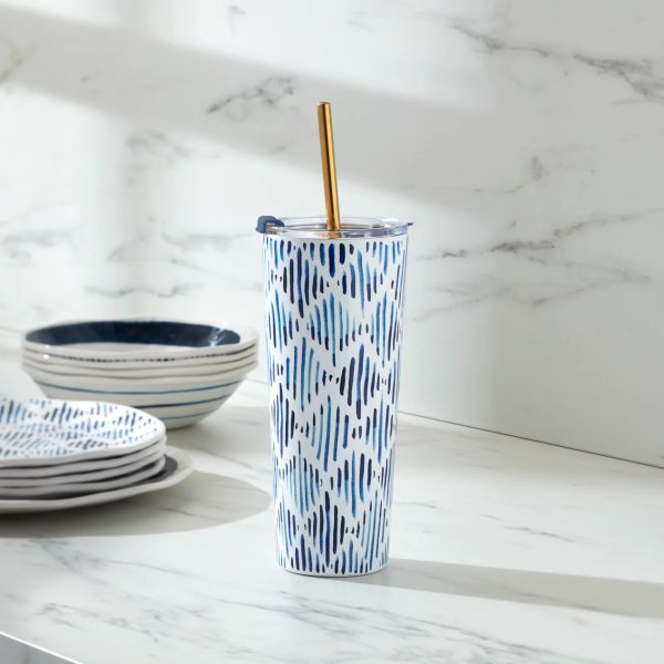 Blue Bay Ikat Stainless Steel Tumbler With Straw