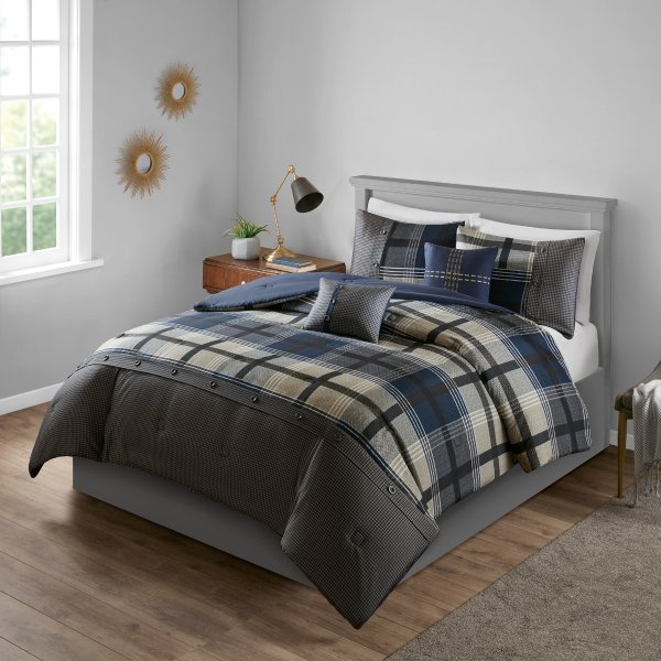 Mainstays Estrella Plaid Printed Comforter Bedding Set, Navy, King