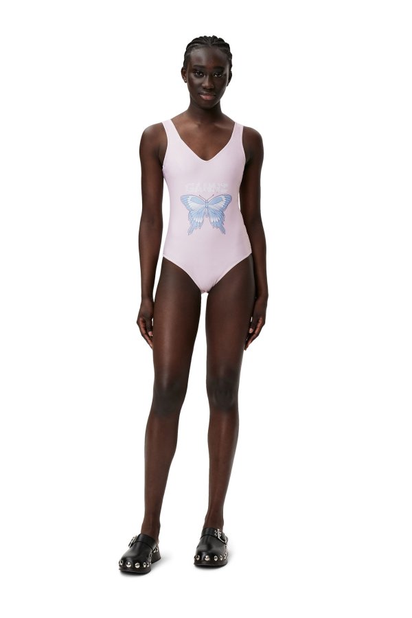 Light Lilac Graphic Deep Cut Swimsuit | GANNI US