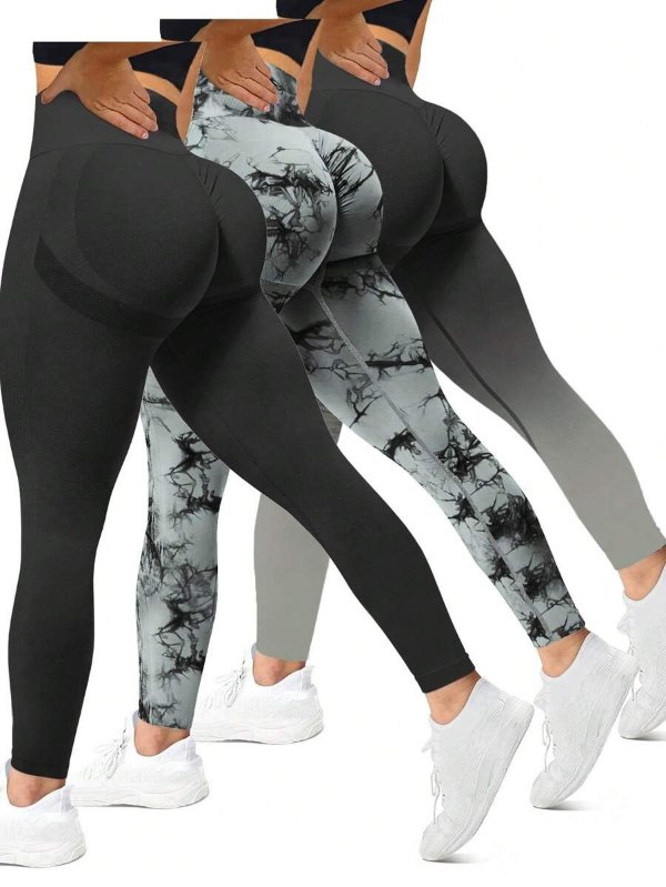 Women's Tie-dye 3pcs Seamless Fitness Yoga Leggings Set workout leggings