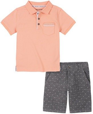 Little Boys Salmon Knit Polo with Chambray Print Short Set, 2 Piece