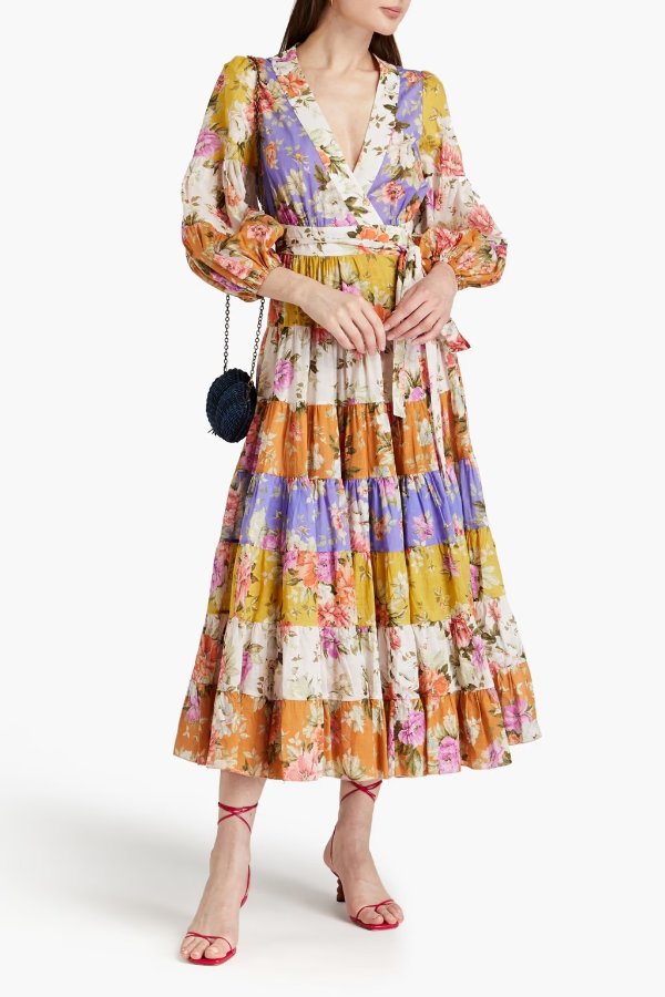 Tiered floral-print cotton-gauze midi wrap dress