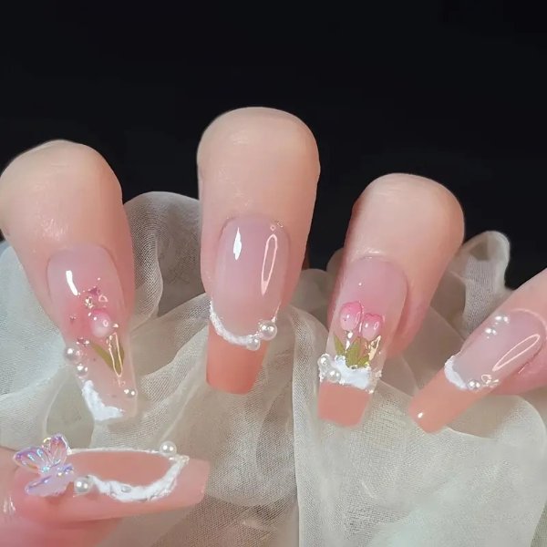 Butterfly Tulip French Tip Press On Nails Long Coffin Fake Nails 3d Rhinestone Full Cover Glue On Nails Acrylic Nails Tips For Women 24pcs - Beauty & Personal Care - Temu
