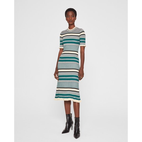 Striped Short Sleeve Mix Stitch Sweater Dress