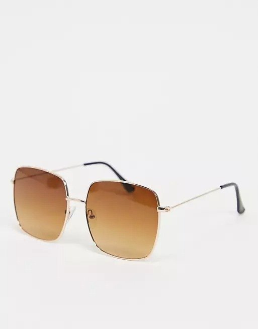 square sunglasses with gold frames and brown lens 