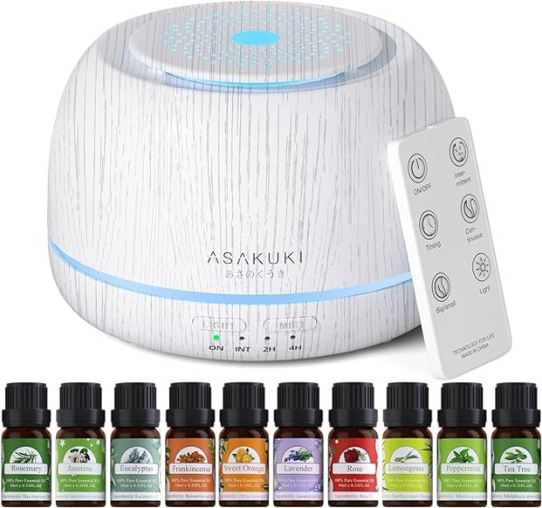 Essential Oil Diffusers with 10Pcs*10ml Pure Essential Oil Gift Set, 5 in 1 Ultrasonic 300ML Aromatherapy Fragrant Oil Humidifier Vaporizer with Remote Control, Timer and Auto-Off-White