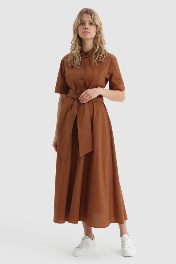 Long Dress in Cotton Poplin Rusty Brown
