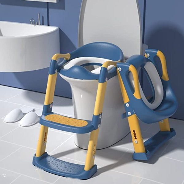 GLAF Potty Training Seat for Toddler Toilet with Step Stool Ladder Kids Potty Seat for Boys Girls 2 in 1 Adjustable Toddlers Toilet Seat with Anti-Slip Pads Comfortable Cushion (Blue)