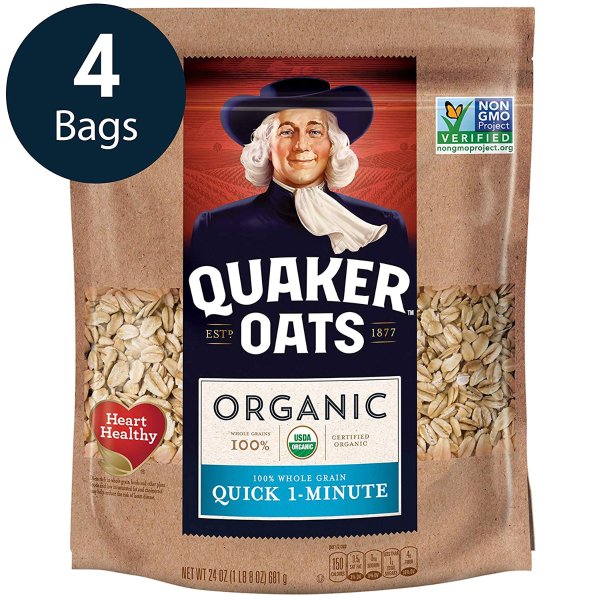 Organic Quick Oatmeal, Breakfast Cereal, Non-GMO Project Verified, 24 Ounce Resealable Bags (Pack of 4)