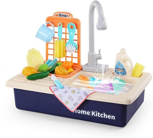 Kitchen Sink Toy Pretend Food - Wash Up Kitchen Sets with Running Water for Kids Playhouse Accessories Indoor Outdoor Playset for Boys Girls Toddler (Blue)