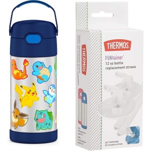 THERMOS FUNTAINER 12 Ounce Stainless Steel Vacuum Insulated Kids Straw Bottle, Pokemon and Thermos Replacement Straws