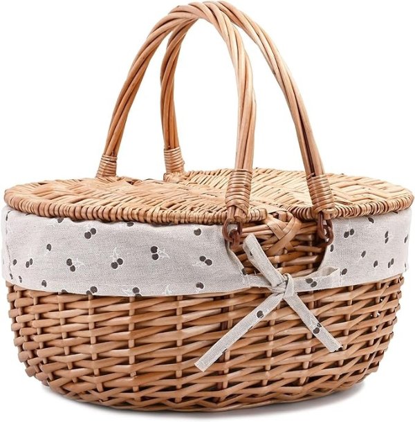 Wicker Picnic Basket with Lid and Handle Sturdy Woven Body with Washable Lining,Cherry Pattern