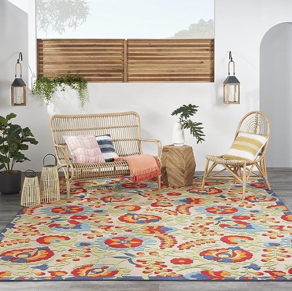 Aloha Indoor/Outdoor Multicolor 9' x 12' Area -Rug, Easy -Cleaning, Non Shedding, Bed Room, Living Room, Dining Room, Deck, Backyard, Patio (9x12)