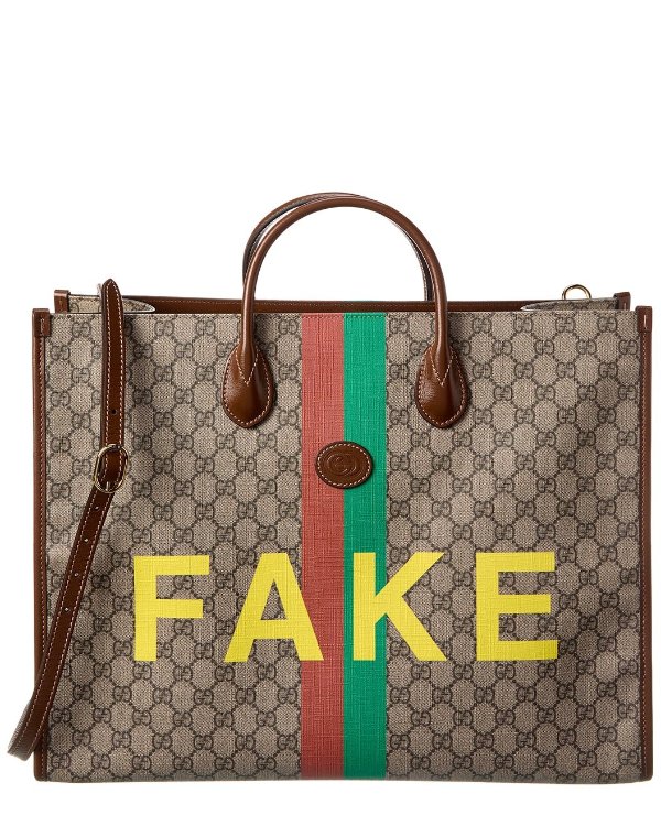 Fake/Not Print Large GG Supreme Canvas & Leather Tote / Gilt